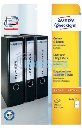 Этикетки самоклеящиеся для папок-регистраторов Avery Zweckform L4761-25 A4, 61x192 мм, 4 шт, универсальная, 80 г/м2, 25 л, белый