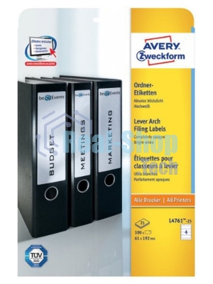 Этикетки самоклеящиеся для папок-регистраторов Avery Zweckform L4761-25 A4, 61x192 мм, 4 шт, универсальная, 80 г/м2, 25 л, белый