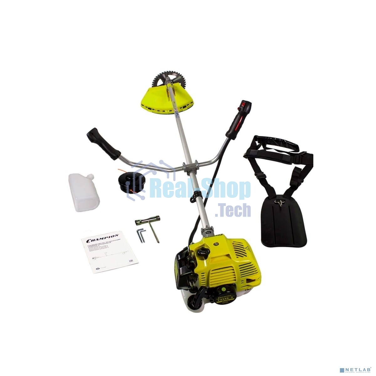 Триммер Champion T433S-2 Мощность двигателя 1.25/1.7 кВт/л.с, Вес без режущей насадки 8,0 кг, Объем двигателя 42,7 см3, Объем топливного бака 950 мл, Максимальный расход топлива 610 г/кВт•ч/мл/ч, Тип рукоятки U-образная, штанга прямая Разъемная, Длина шта