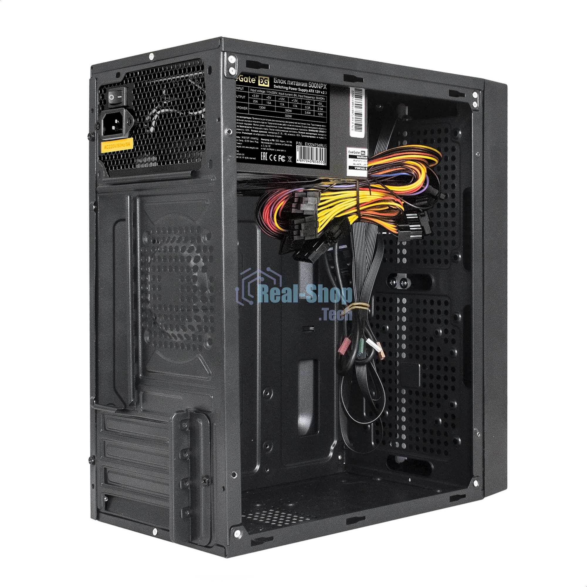 Компьютерный корпус Minitower ExeGate mEVO-9301-NPX400 (mATX, БП 400NPX с вент. 12см, с окном, 2хUSB+1хUSB 3.0, HD аудио, черный, с RGb подсветкой)