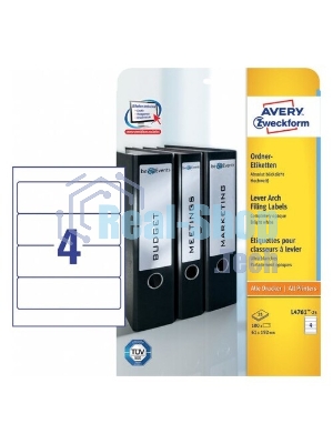 Этикетки самоклеящиеся для папок-регистраторов Avery Zweckform L4761-25 A4, 61x192 мм, 4 шт, универсальная, 80 г/м2, 25 л, белый