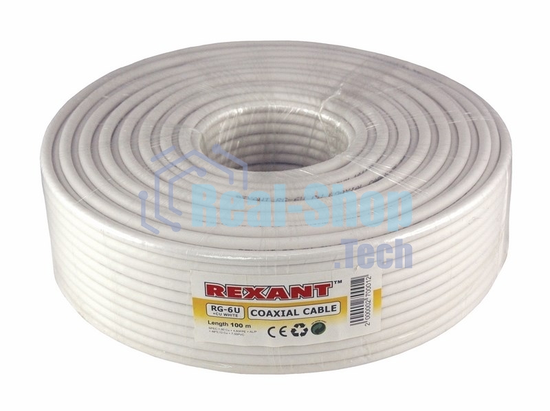 Кабель коаксиальный Rexant RG-6U+Cu, 75 Ом, Cu/Al/Cu, 64%, бухта 100 м, белый