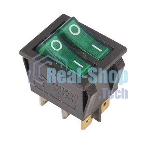 Выключатель клавишный Rexant 250V 15А (6с) ON-OFF зеленый с подсветкой двойной