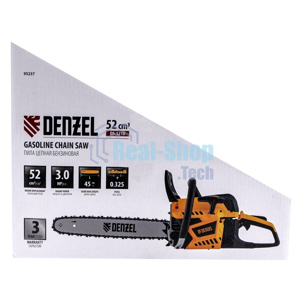 Пила цепная бензиновая Denzel DS-5218, шина 45 см, 52см3, 3 л.с., шаг 0,325, паз 1,5 мм, 72 зв
