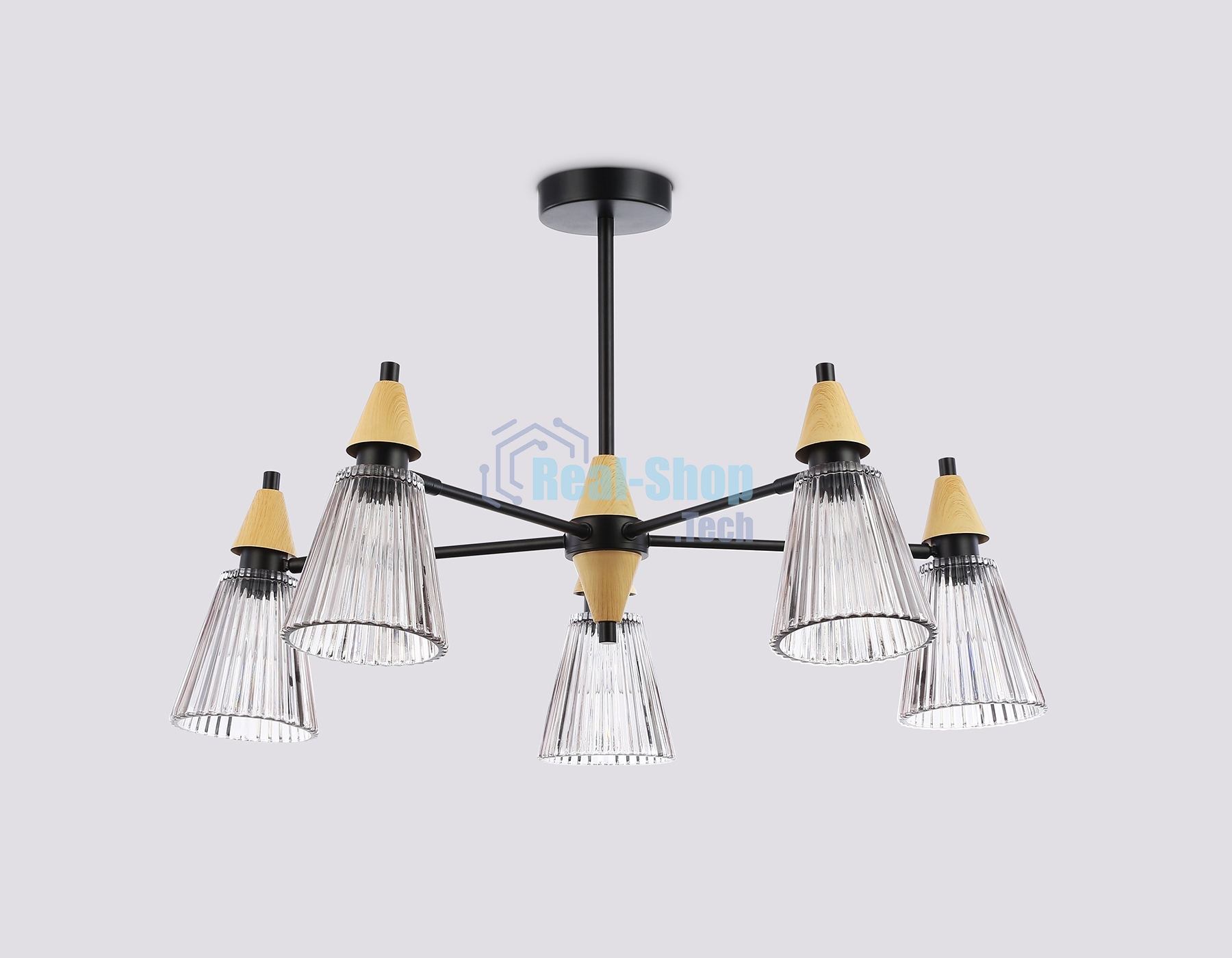 Люстра Ambrella light LH58114/5 BK/LW/SM черный/светлое дерево/дымчатый E14*5 max 40W D660*390