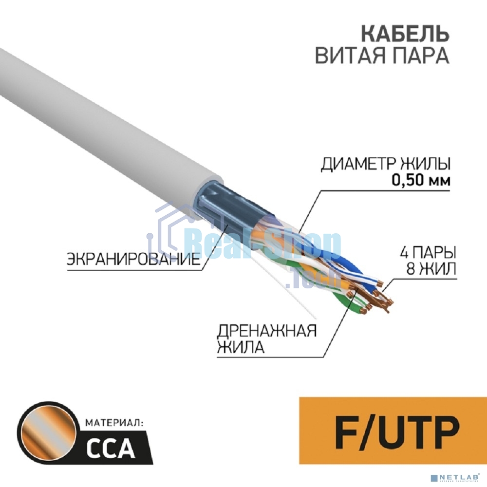 Кабель FTP PROconnect 4PR 24AWG, CCA, cat.5e, PVC, серый, бухта 25 м