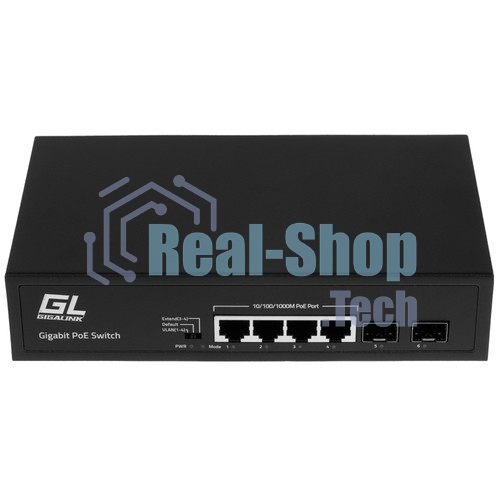 Коммутатор GIGALINK GL-SW-G005-04P(BT) - неуправляемый, 4 PoE (802.3af/at/BT) порта 10/100/1000 Мбит/с (1 порт до 60Вт, 3-4 порт до 250м cat6), 2 SFP порта 1000 Мбит/с, 120Вт
