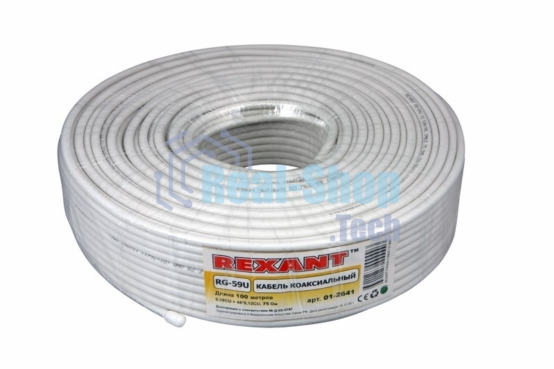 Кабель коаксиальный Rexant RG-59U+Cu, 75 Ом, Cu/Al/Cu, 64%, бухта 100 м, белый