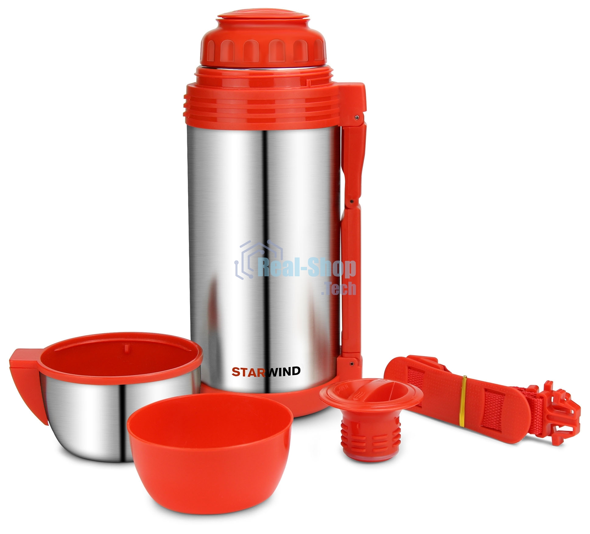 Термос Starwind 30-1500 1.5 л, серебристый/красный, картонная коробка