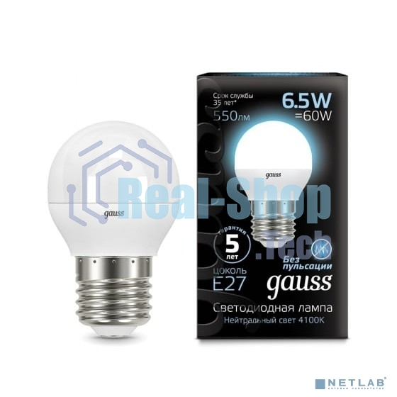 Лампа светодиодная Gauss 6.5Вт шар 4100К белый E27 550лм 150-265В