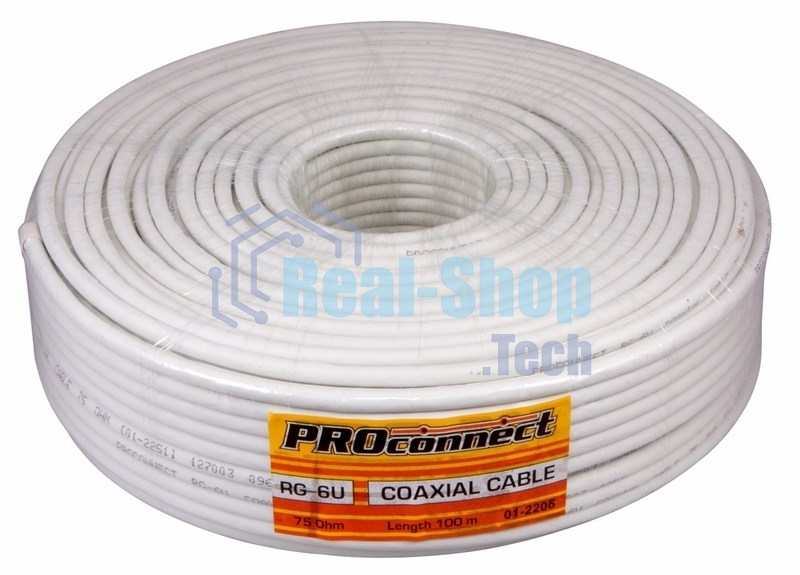 Кабель коаксиальный PROconnect RG-6U+Cu, 75 Ом, Cu/Al/Cu, 48%, бухта 100 м, белый