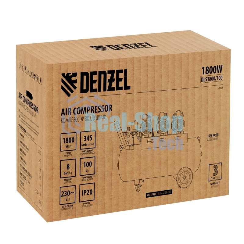 Компрессор безмаслянный малошумный Denzel DLS 1800/100,1800 Вт, 3х600, 100 л, 345 л/мин