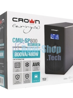 Источник бесперебойного питания CROWN 800VA/450W, металл, 1x12V/9AH, розетки 3*EURO+1*IEC bybass, трансформатор AVR 145-280V, LCD дисплей, съемный кабель 1.2м, фильтр телефонной и ethernet линии RJ11/45, защита батареи, от перегрузки, от КЗ