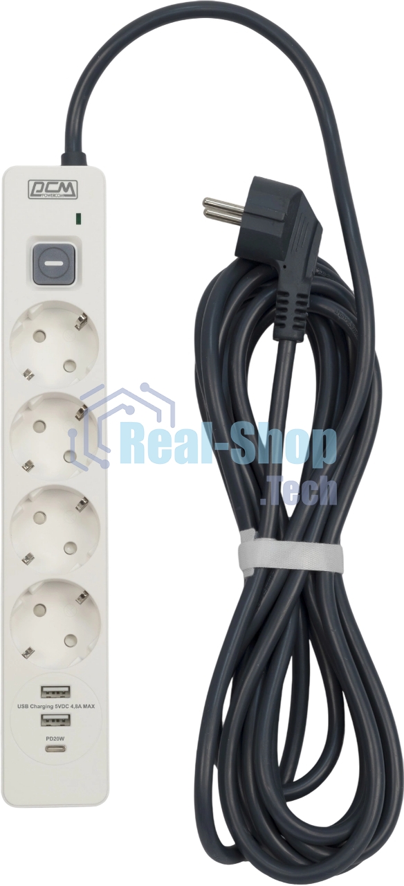 Сетевой фильтр Powercom SP-01 USB2A1CW 3,0М 3.0 м, 4 розетки, белый/серый, коробка