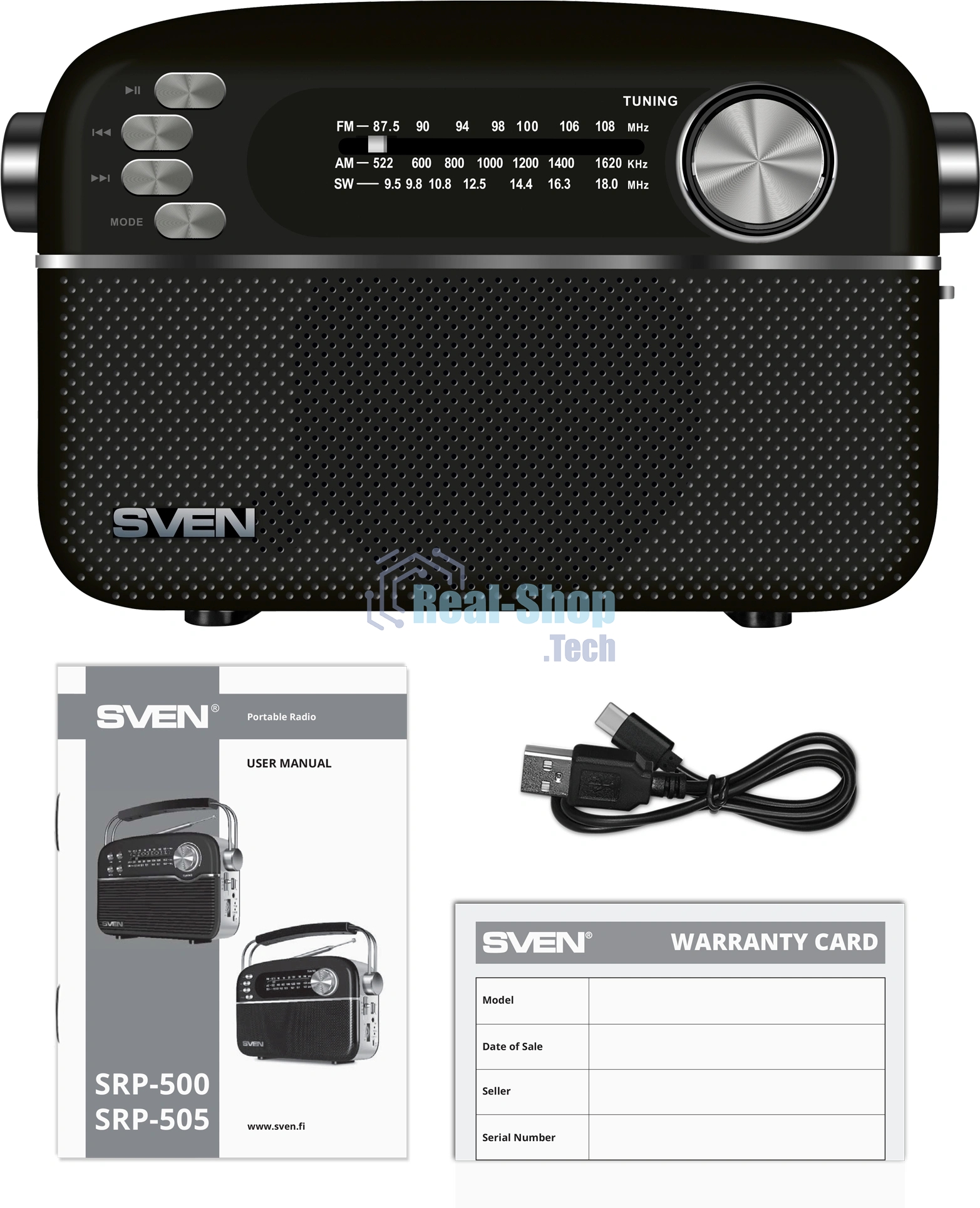 Радиоприемник SVEN SRP-505 (4 Вт, FM/AM/SW, USB, SD/microSD, Bluetooth, 1200 мА·ч)черный