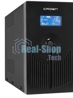Источник бесперебойного питания CROWN 800VA/450W, металл, 1x12V/9AH, розетки 3*EURO+1*IEC bybass, трансформатор AVR 145-280V, LCD дисплей, съемный кабель 1.2м, фильтр телефонной и ethernet линии RJ11/45, защита батареи, от перегрузки, от КЗ
