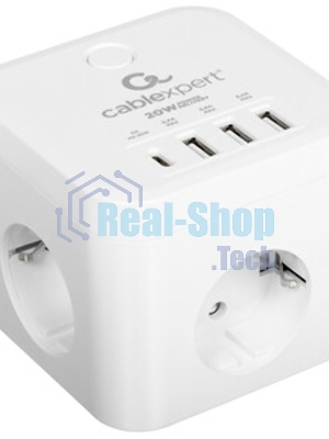 Сетевой фильтр Cablexpert Cube CUBE-3-CU3-W-1.5, 3 р, 10А, 1xType-C PD, 3xUSB, 1.5 м, ур.защиты 4+, белый, коробка