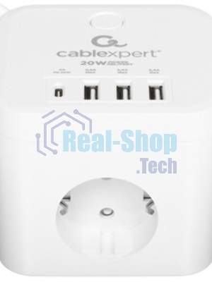 Сетевой фильтр Cablexpert Cube CUBE-3-CU3-W-1.5, 3 р, 10А, 1xType-C PD, 3xUSB, 1.5 м, ур.защиты 4+, белый, коробка