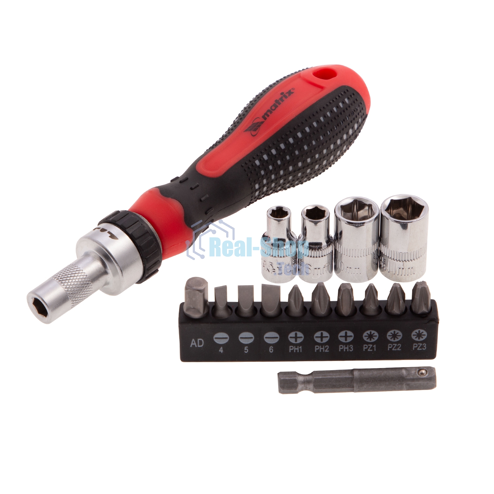 Отвертка реверсивная Matrix с набором бит и насадок торцевых, CrV,1/4