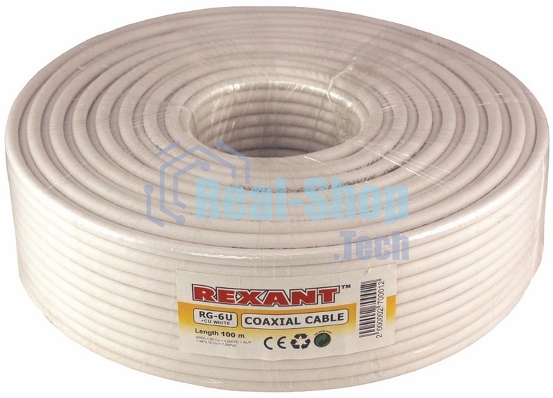 Кабель коаксиальный Rexant RG-6U+Cu, 75 Ом, Cu/Al/Cu, 75%, бухта 100 м, белый
