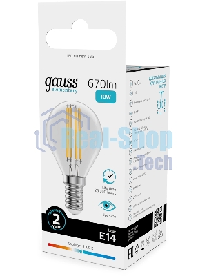 Лампа светодиодная филаментная Gauss Filament 10Вт цок.: E14 шар св. свеч. бел. нейт. (упак.: 10 шт)