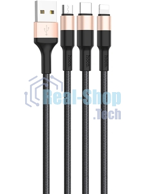 Кабель USB HOCO X26 Xpress 3 в 1 для Lightning, Micro USB, Type-C, 2.0A, длина 1.0м, черный с золотым