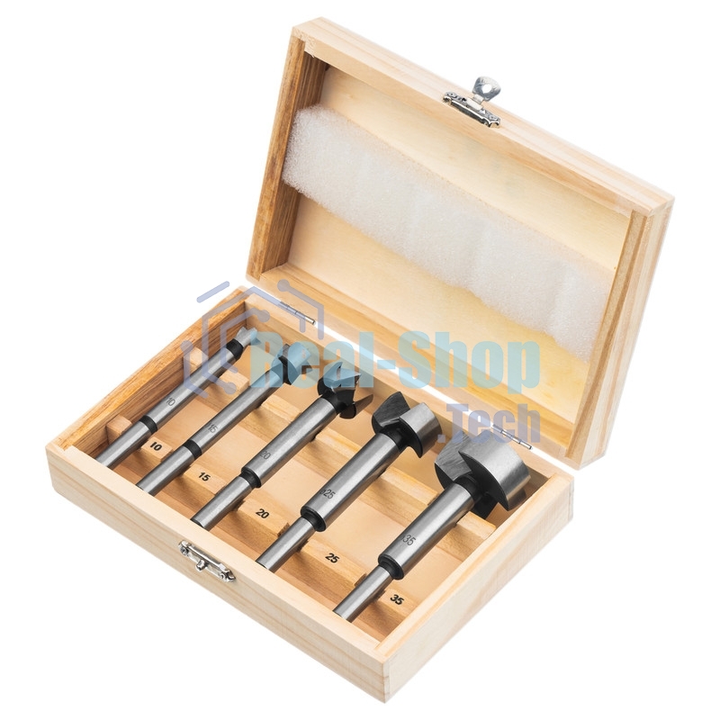 Набор сверл Форстнера по дереву Sparta 10-15-20-25-35 мм, 5 шт, в дерев. боксе, цилин.хвостовик