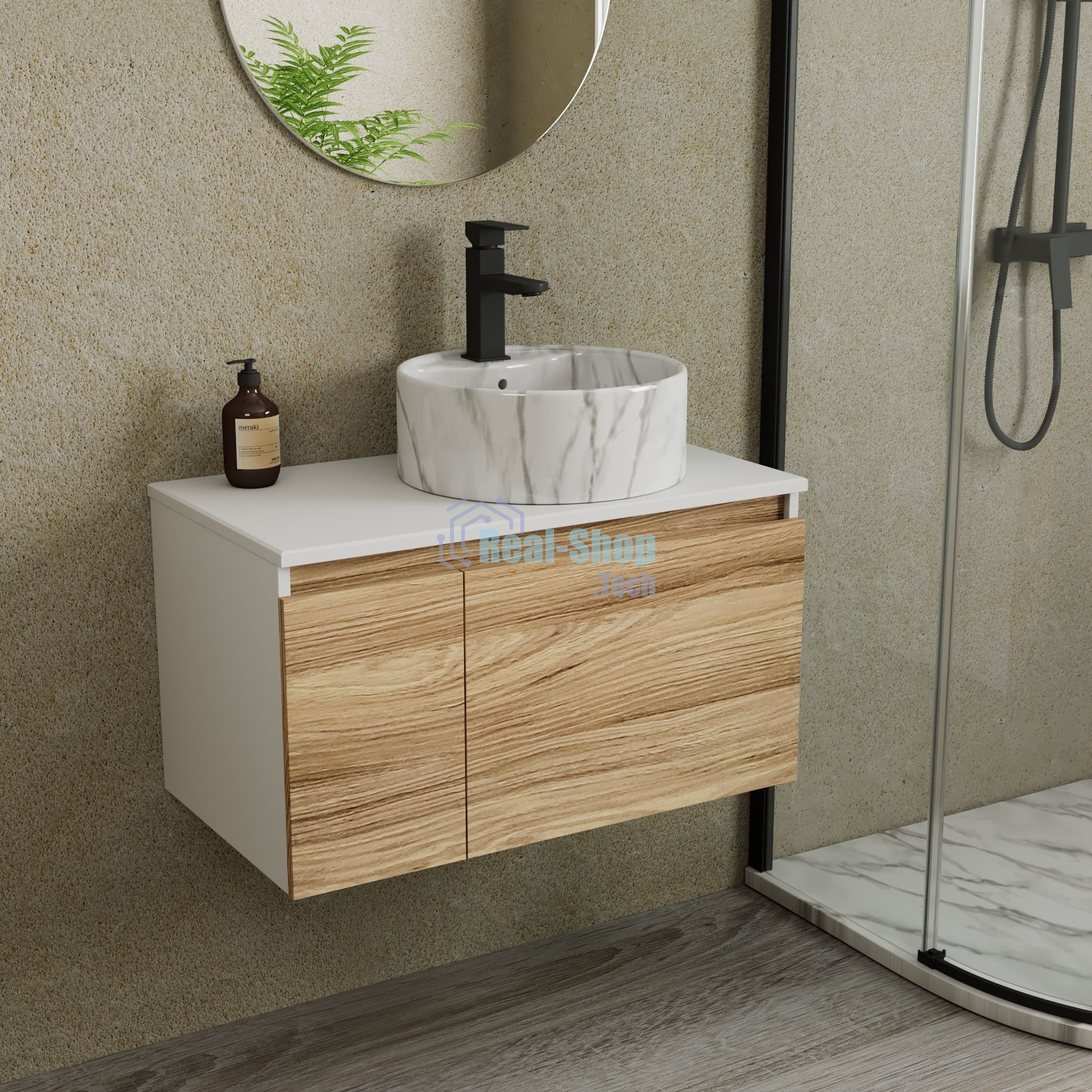 Комплект: тумба Bau Dream Blackwood 80, Раковина круглая накладная BAU Element D41, мрамор, смеситель Hotel Black, черный матовый