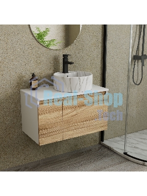 Комплект: тумба Bau Dream Blackwood 80, Раковина круглая накладная BAU Element D41, мрамор, смеситель Hotel Black, черный матовый