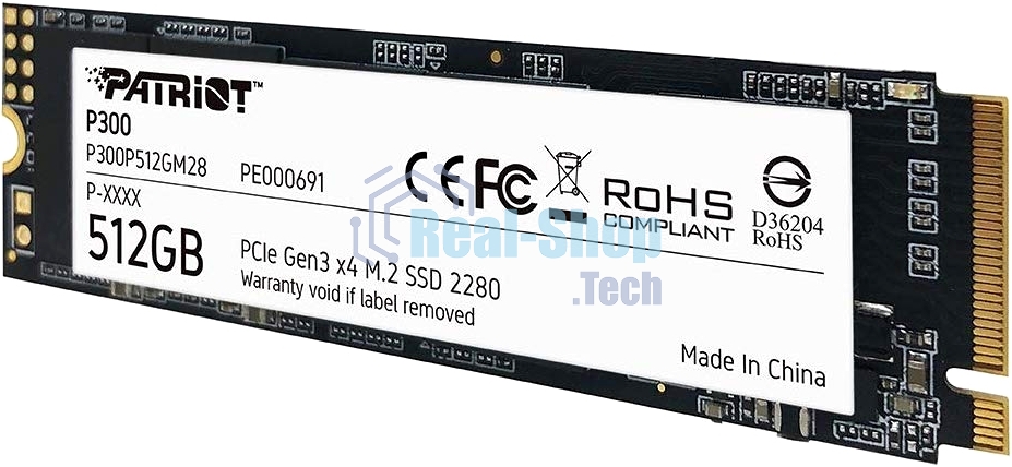 Накопитель SSD Patriot P300, 512Gb, PCIe 3.0 x4, M.2 2280, NVMe, R/W 1700/1200