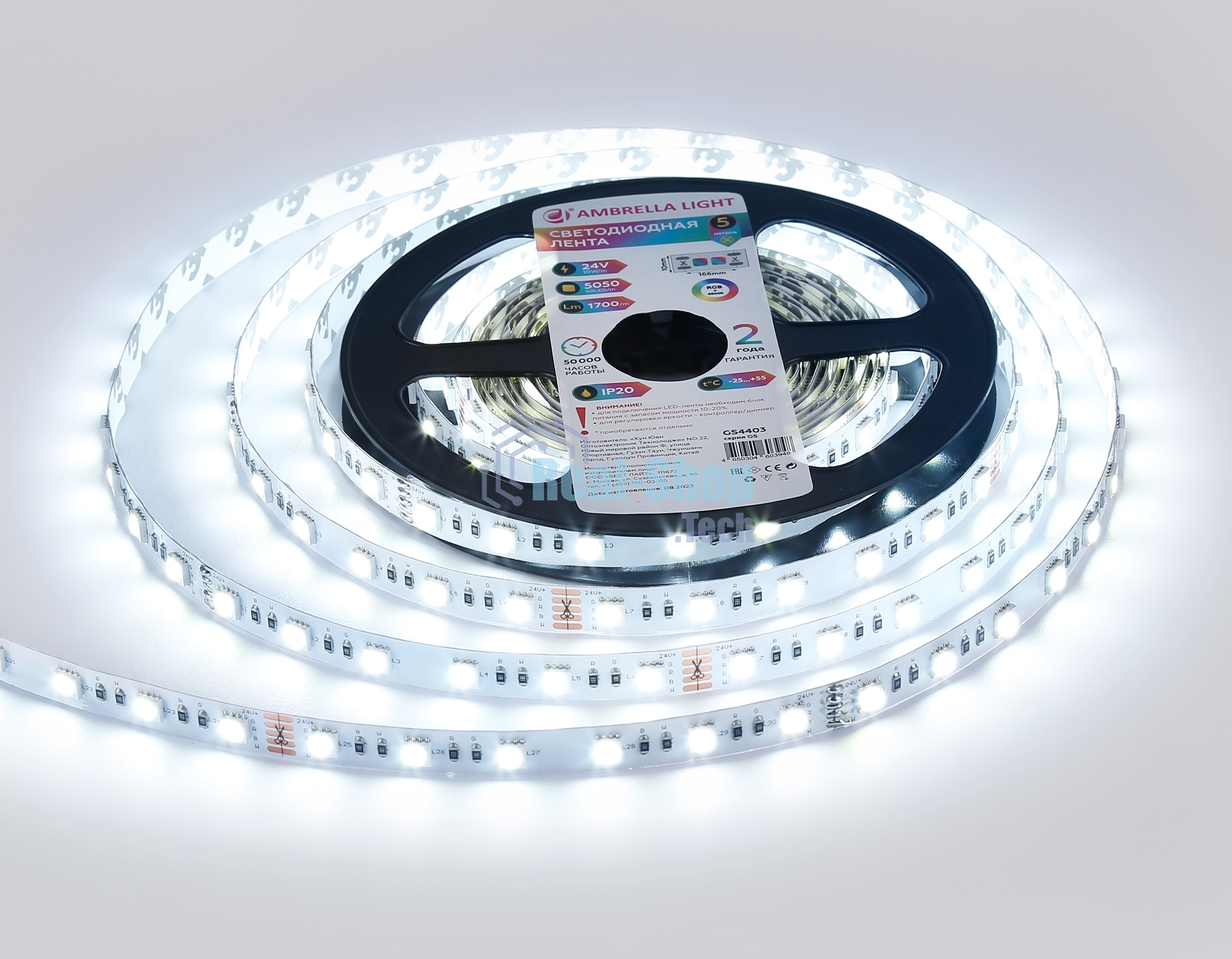 Светодиодная лента Ambrella light GS4403 5050 60Led/ 10W m/ 24V IP20 RGBW+6500K/ 5000*10*1.87mm (5 конт.)