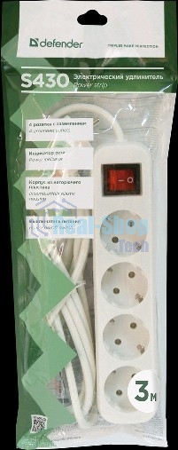 Удлинитель сетевой Defender S430 белый, 3 м, EURO, 4 розетки, 2200 Вт