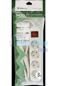 Удлинитель сетевой Defender S430 белый, 3 м, EURO, 4 розетки, 2200 Вт