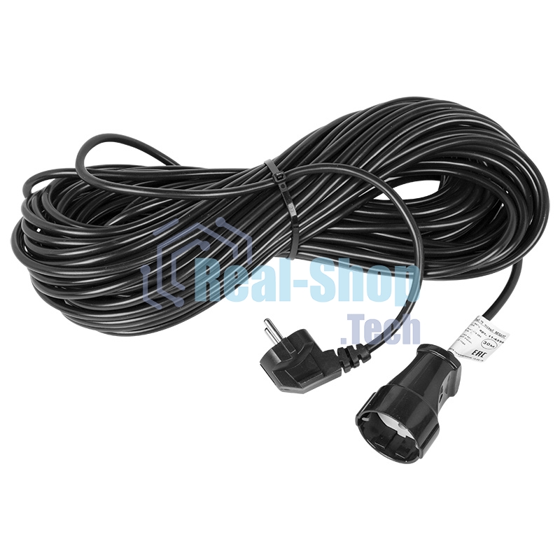 Удлинитель-шнур Rexant ПВС 3х0.75, 30 м, с/з, 6 А, 1300 Вт, IP44, черный (Сделано в России)