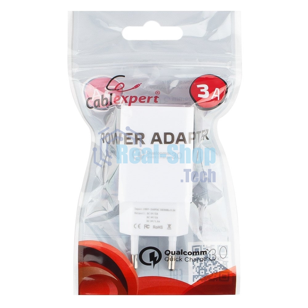 Сетевое зарядное устройство Cablexpert MP3A-PC-16, QC 3.0, 100/220V - 1 USB порт 5/9/12V, белый