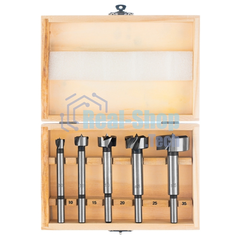 Набор сверл Форстнера по дереву Sparta 10-15-20-25-35 мм, 5 шт, в дерев. боксе, цилин.хвостовик