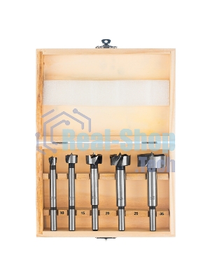 Набор сверл Форстнера по дереву Sparta 10-15-20-25-35 мм, 5 шт, в дерев. боксе, цилин. хвостовик