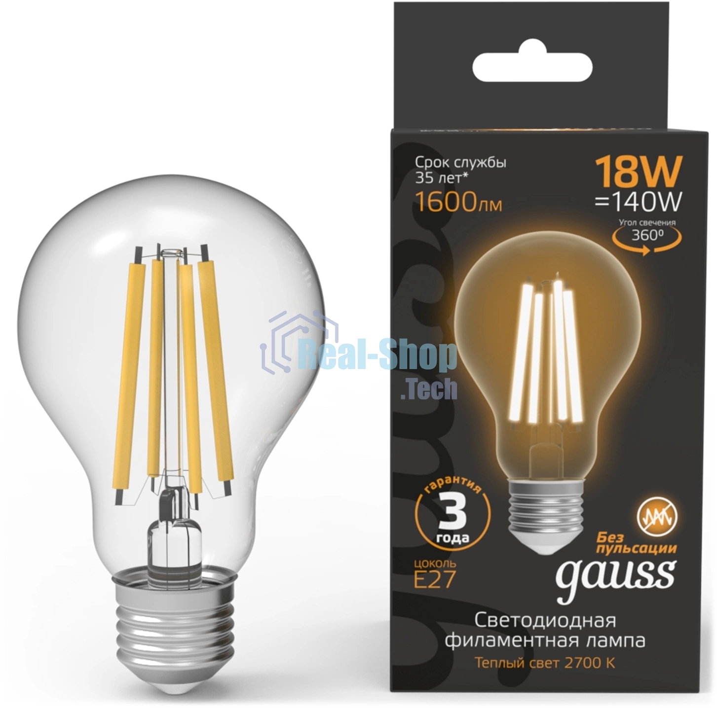 Лампа светодиодная филаментная Gauss Filament 18Вт цок.:E27 груша св.свеч.бел.теп. (упак.:10шт)