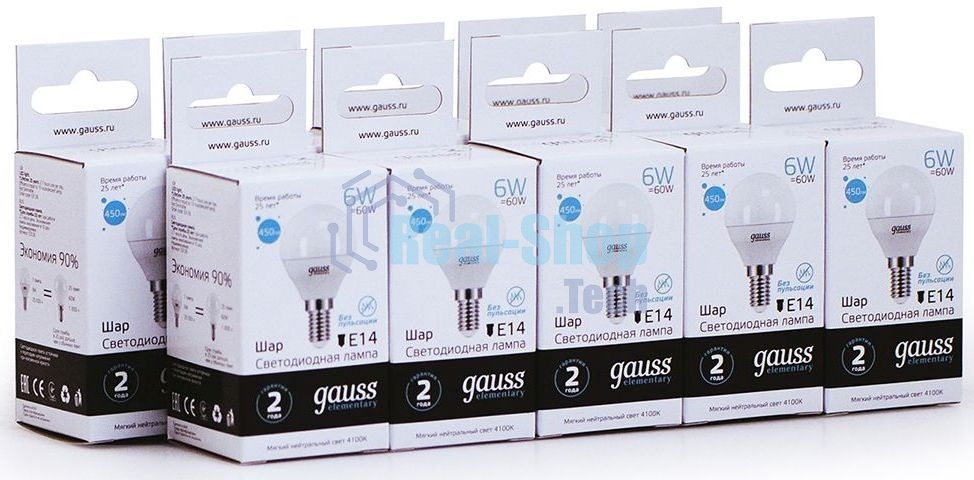 Лампа светодиодная Gauss Elementary 6Вт цок.: E14 шар 220B 4100K св. свеч. бел. ней. (упак.: 10 шт)