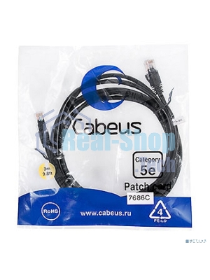 Патч-корд Cabeus, Cat.5e, неэкр., U/UTP, RJ45/RJ45, LSZH, AWG24, 3м, черный