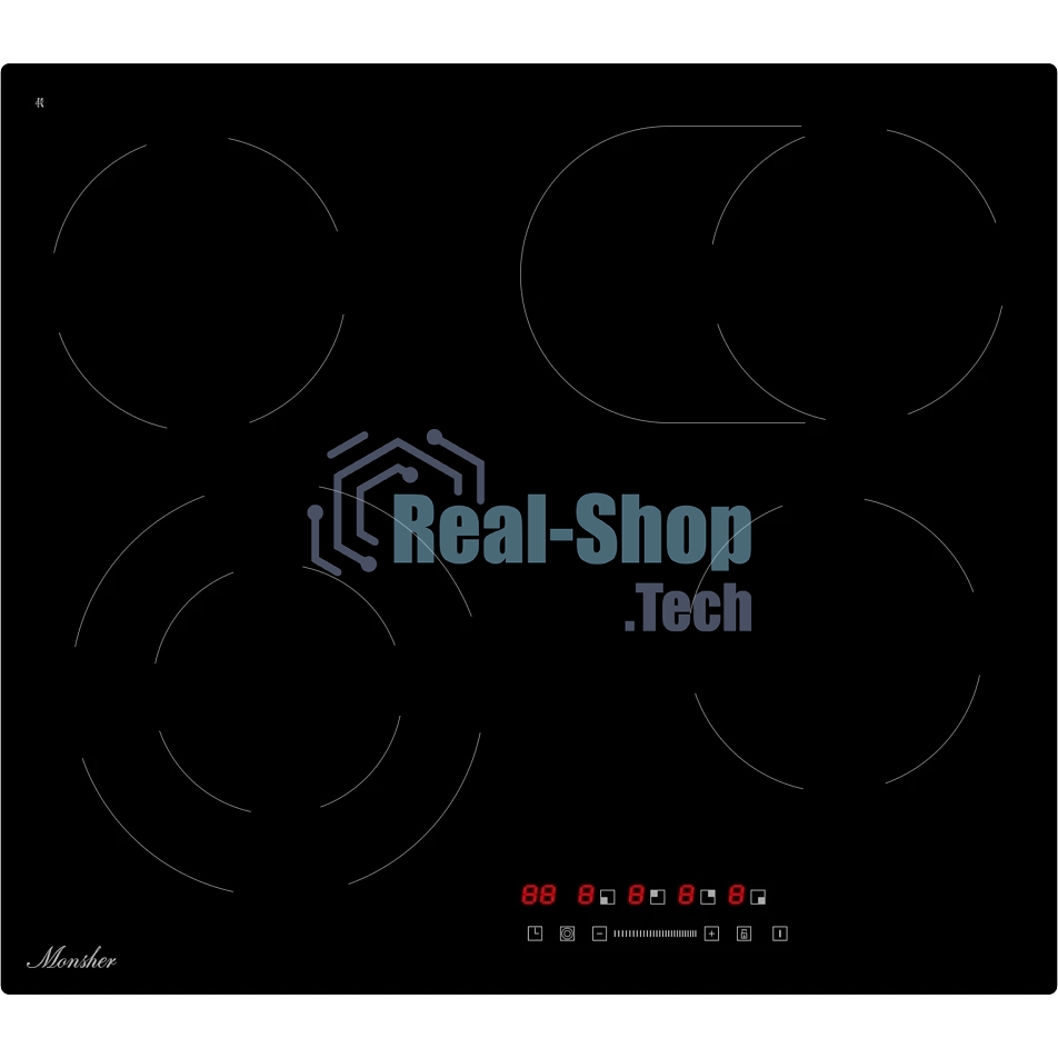 Варочная поверхность MONSHER MHE 6013, электрическая, Hi-Light, 9 уровней мощности, бустер, автоматическое отключение, таймер, индикатор остаточного тепла, сенсорное управление, черный