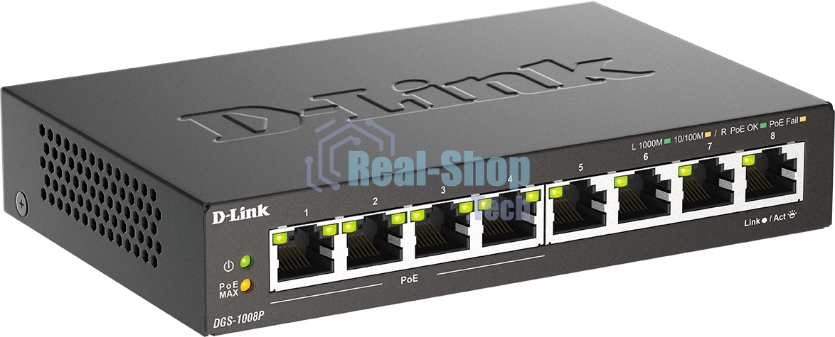 Неуправляемый коммутатор D-Link DGS-1008P/F3A с 8 портами 10/100/1000Base-T (4 порта PoE 802.3af/at, PoE-бюджет 60 Вт)