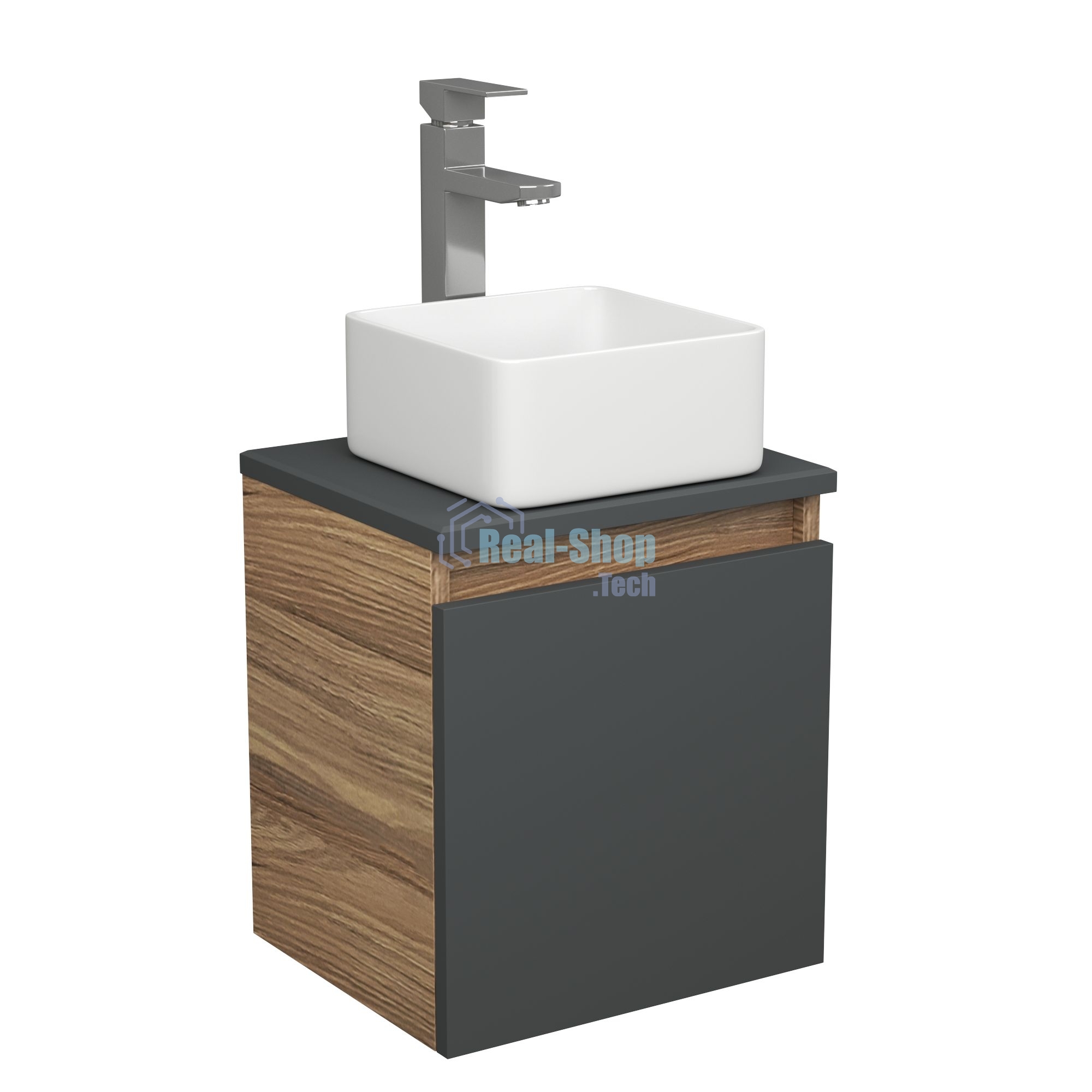 Тумба Bau Dream Blackwood 35 с ящиком, графит, раковина BAU Mini 24х24, смеситель для раковины высокий Hotel Still, нержавеющая сталь