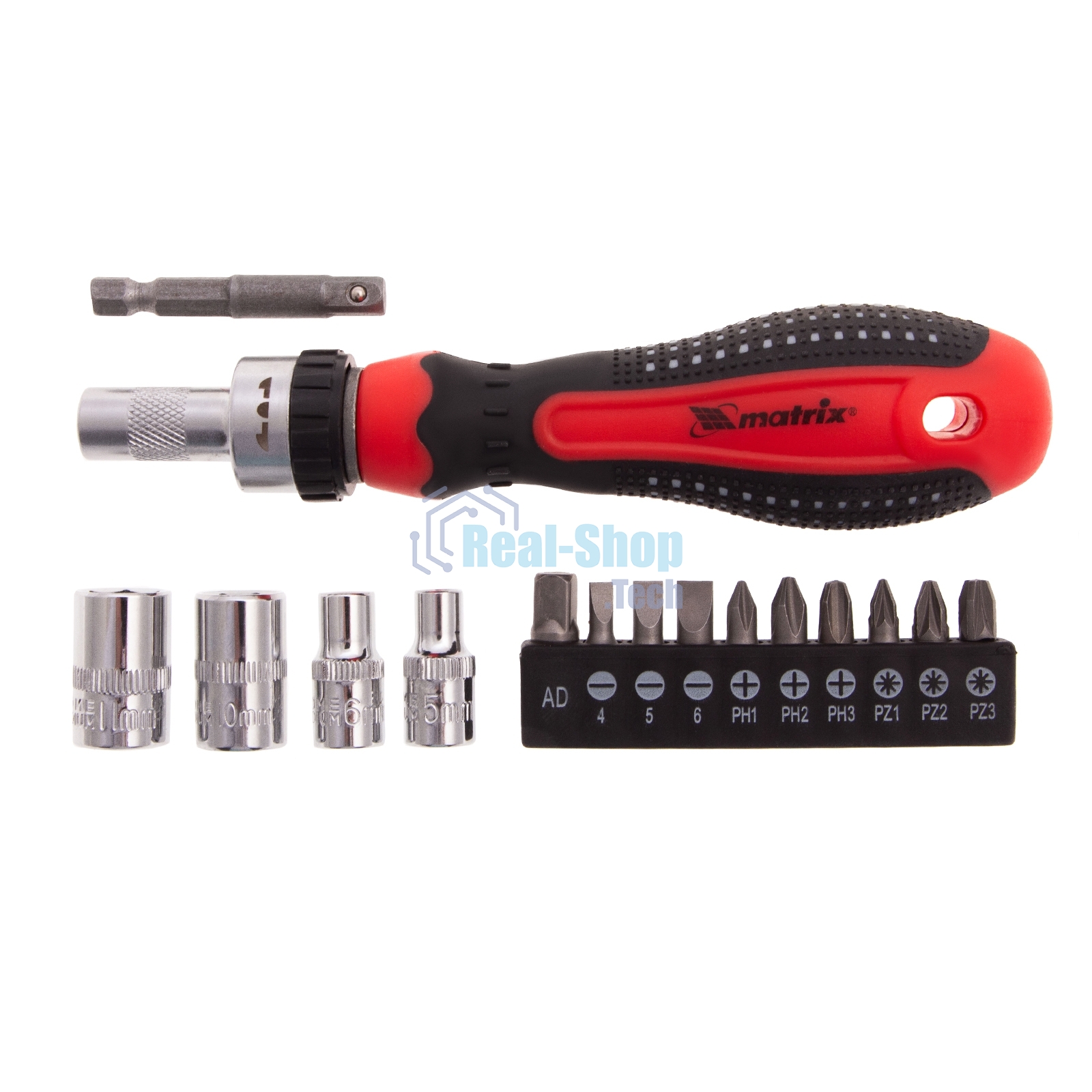 Отвертка реверсивная Matrix с набором бит и насадок торцевых, CrV,1/4
