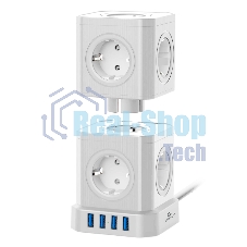 Сетевой фильтр Cablexpert Tower TWR-9-U4-W-2, 9 р, 16А, 4хUSB, 3.1А, 2 м, ур.защиты 4+, белый, коробка