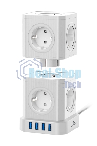 Сетевой фильтр Cablexpert Tower TWR-9-U4-W-2, 9 р, 16А, 4хUSB, 3.1А, 2 м, ур.защиты 4+, белый, коробка