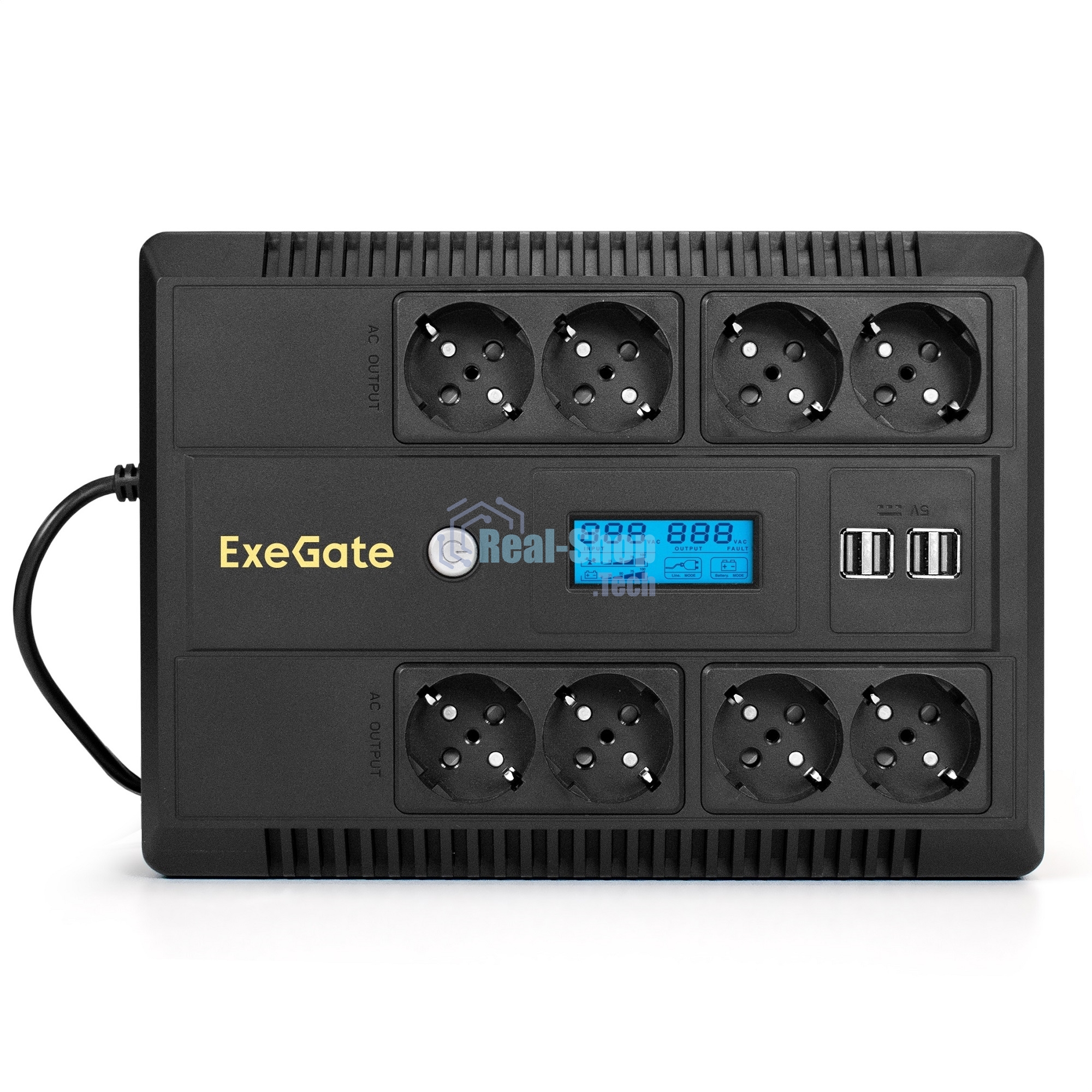 Источник бесперебойного питания ExeGate NEO Smart LHB-850.LCD.AVR.8SH.CH.RJ.USB 850VA/510W, LCD, AVR, 8*Schuko, RJ45/11, USB, 4*USB-порта для зарядки, черный