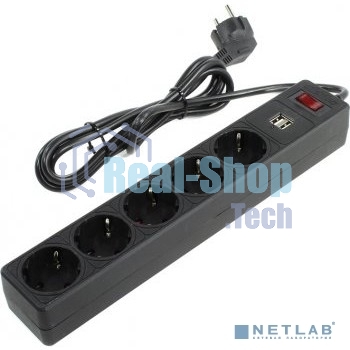 Сетевой фильтрSmartbuy SBSP-18U-K с USB, 10А, 2 200 Вт, 5 розеток, длина 1,8 м, черный (SBSP-18U-K)/45