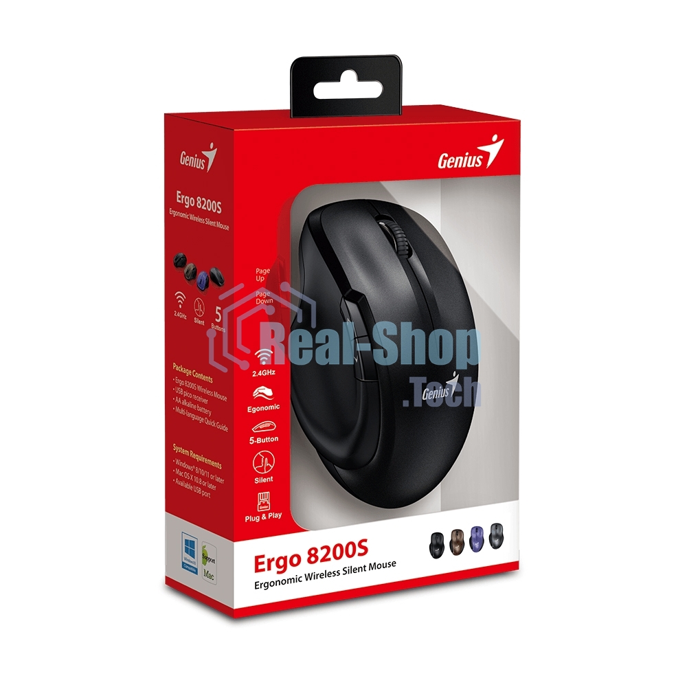 Мышь беспроводная Genius Ergo 8200S черный, 1200 dpi, радиоканал, USB, кнопки - 5