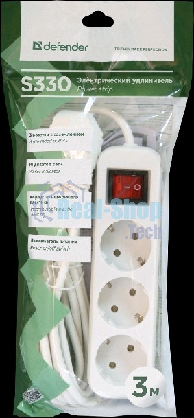 Удлинитель Defender S330 белый 3.0 м, 3 розетки 